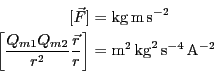 \begin{eqnarray*}[\vec{F}]&=& {\rm kg} \,{\rm m} \,{\rm s}^{-2} \\
\left[ \frac...
...ight]
&=& {\rm m}^2\, {\rm kg}^2\, {\rm s}^{-4}\, {\rm A}^{-2}
\end{eqnarray*}