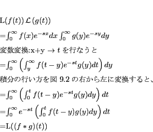 \begin{eqnarray*}
% latex2html id marker 4355&&\mathcal{L}\left( f(t)\right)\m...
...(t-y) g(y)dy \right) dt \\
&=&\mathcal{L}\left( (f*g)(t)\right)
\end{eqnarray*}