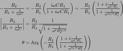 \begin{eqnarray*}
-\frac{R_2}{R_1+\frac{1}{i \omega C}}
&=& -\frac{R_2}{R_1}\lef...
...\omega C R_1}}
{1+ \frac{1}{\omega^2 C^2
R_1^2}}\right)\right)
\end{eqnarray*}