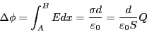 \begin{eqnarray*}
\Delta \phi = \int_A^B E dx = \frac{\sigma d}{\varepsilon_0}
= \frac{d}{\varepsilon_0 S} Q
\end{eqnarray*}