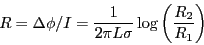 \begin{eqnarray*}
R = \Delta \phi /I
= \frac{1}{2 \pi L \sigma} \log\left(\frac{R_2}{R_1}\right)
\end{eqnarray*}